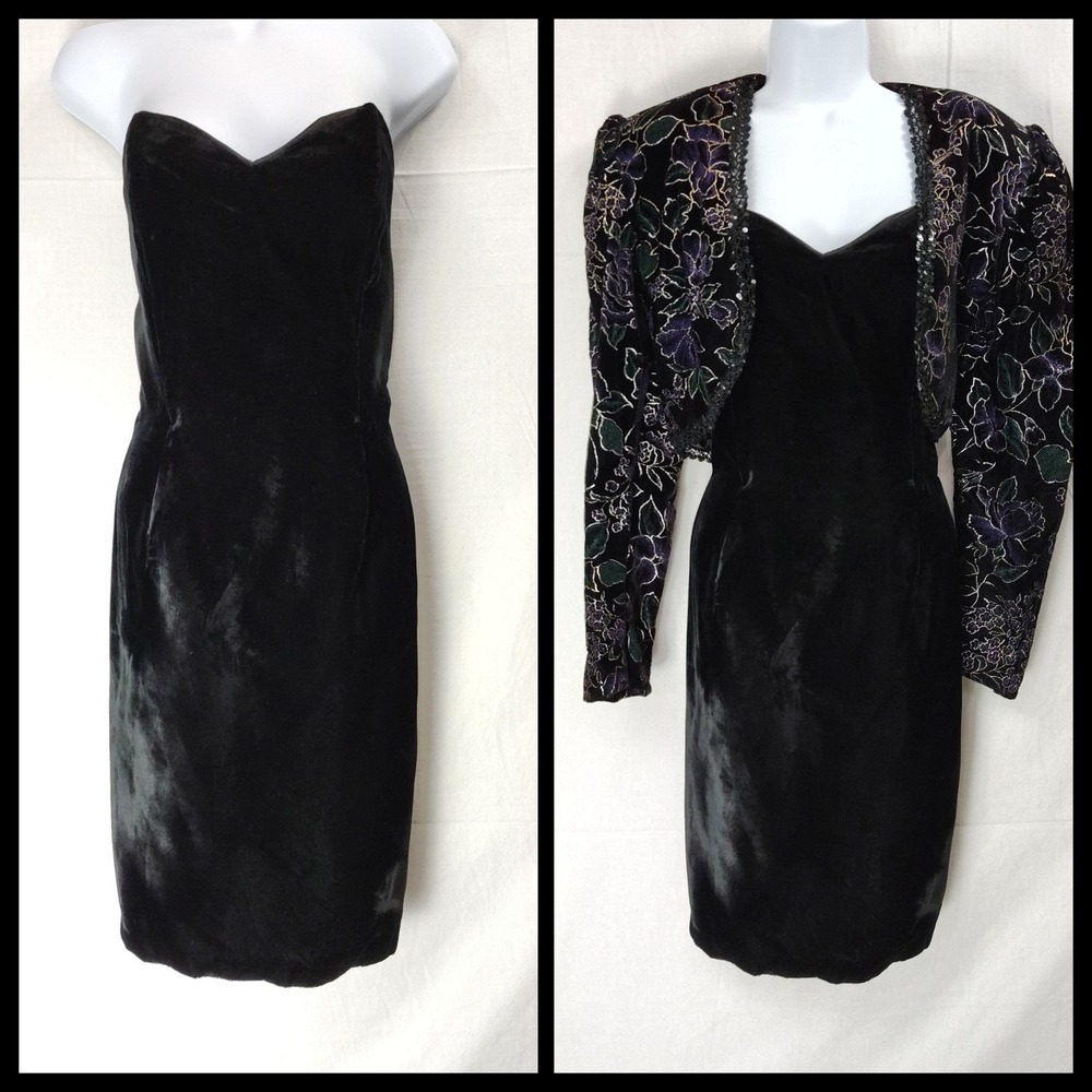 Vintage 80s Scott McClintock Velvet Strapless Dress Cropped Bolero 12‎ Boning